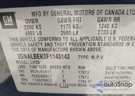 2015 Chevrolet Equinox 1Lt z USA, uszkodzony, nr VIN 2GNALBEK3F1143143